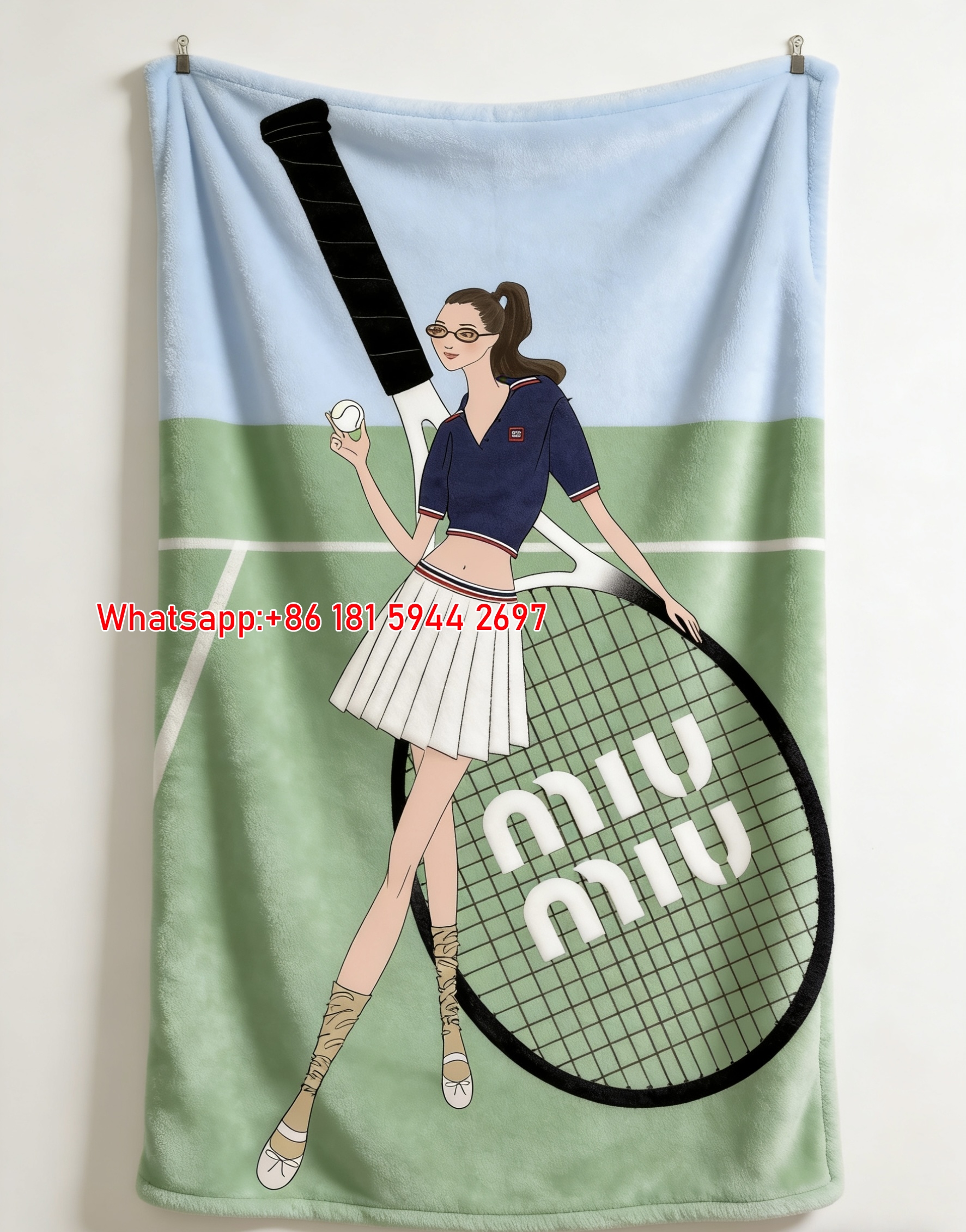 Miu Miu Tennis Green & Navy Blue Flannel Throw Blanket IMG_0603